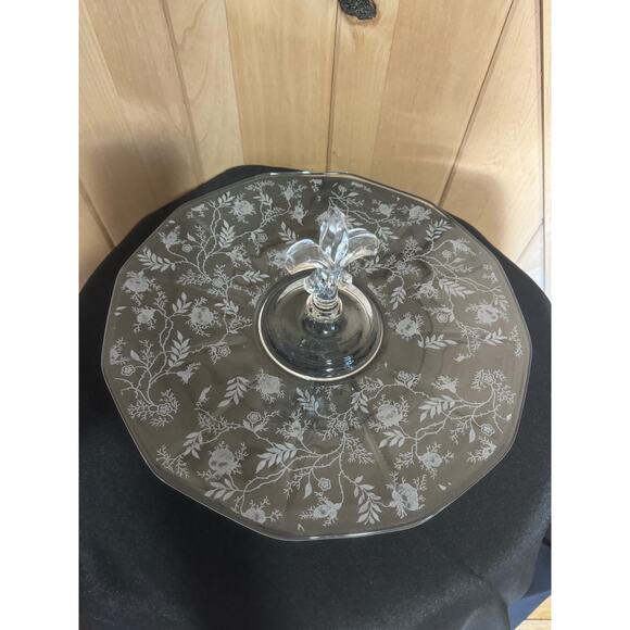 Vintage Fostoria Floral Chintz Crystal Fleur de Lis Center Handle Tray 11.5" - Picture 2 of 8